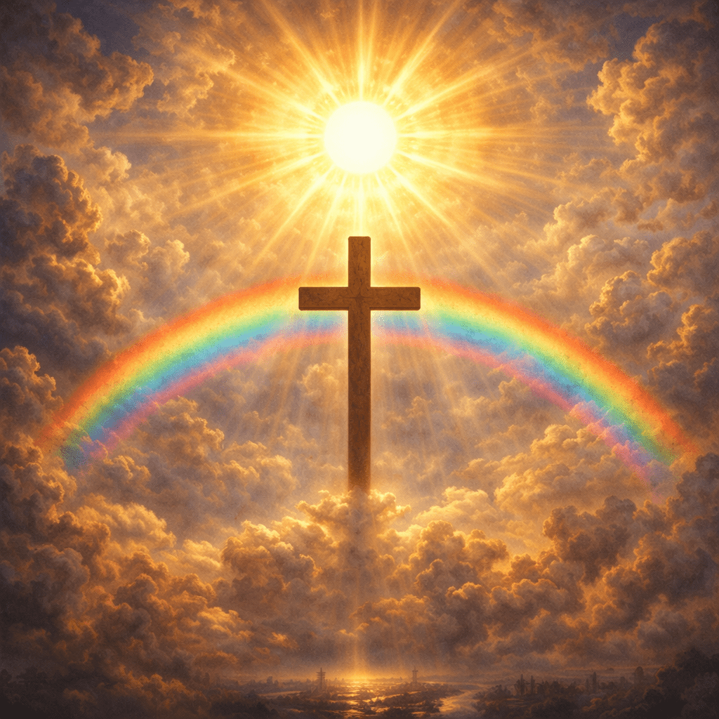Wooden cross illuminated by bright sun rays and surrounded by clouds with a rainbow arc